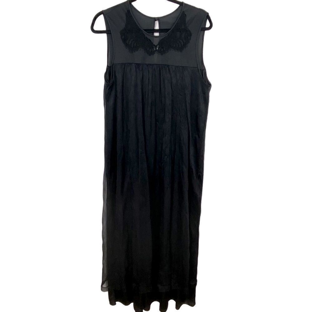 Vintage Nightgown Black Satin‎ & Tulle Maxi Slip Dress Witchy Whimsigoth Médium
